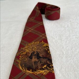 Vintage Ralph Lauren Polo Basset Hound Hunting Dog Tie. Red and Brown Plaid. USA
